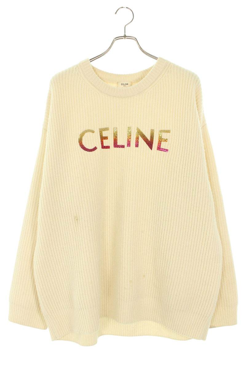 セリーヌ CELINE　 サイズ:S 2A09X66Q スパンコールグラデーションロゴニット(オフホワイト)【522062】【SB01】【メンズ】【中古】bb344#rinkan*B