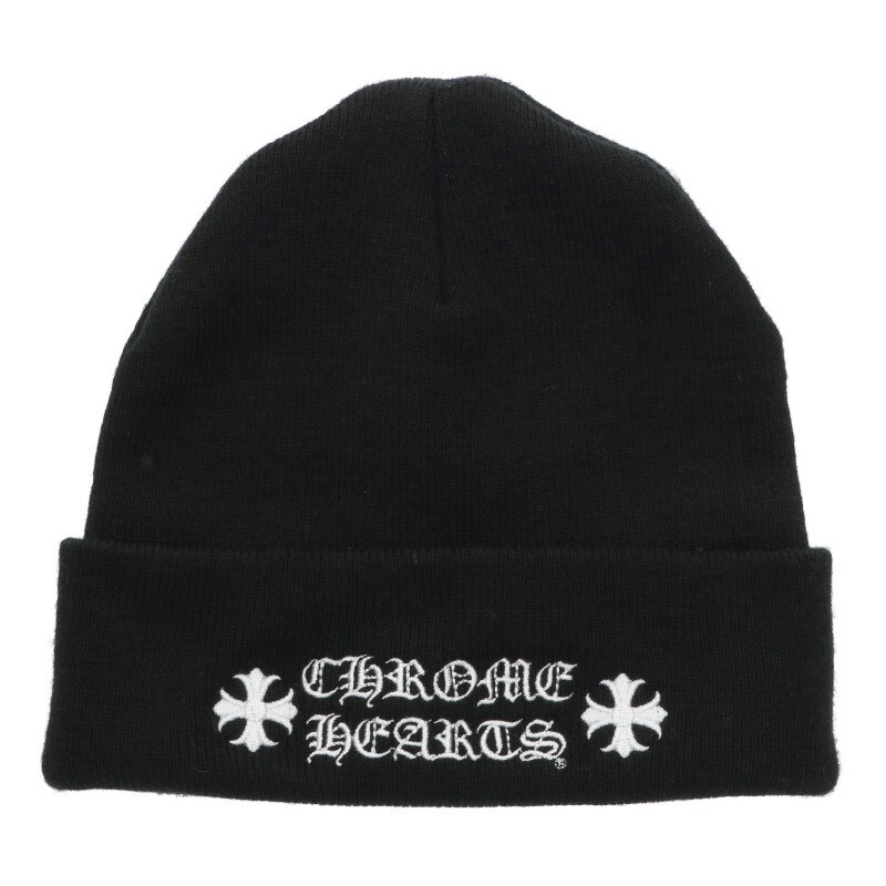 クロムハーツ Chrome Hearts　 サイズ:ONE SIZE WOOL WATCH CAP ウールワッチキャップ ロゴ刺繍ビーニーニットキャップ(ブラック×ホワイト)【303062】【NO05】【小物】【中古】bb390#rinkan*B
