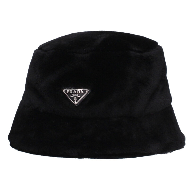 プラダ PRADA　 サイズ:XXL 2HC137 三角ロゴプレートファーバケットハット(ブラック)【722062】【SB01】【小物】【中古】bb421#rinkan*B