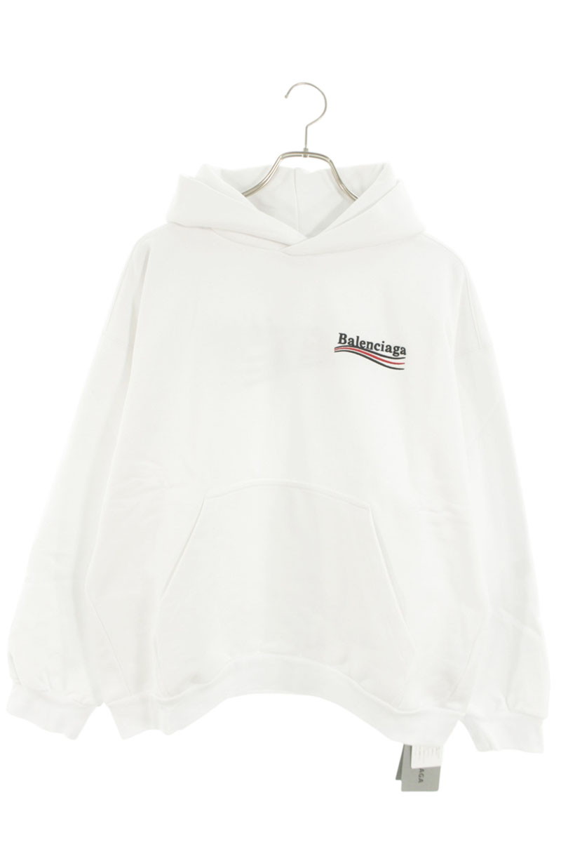 バレンシアガ BALENCIAGA サイズ:S  767877 TKVI9 キャンペーンロゴ刺繍プルオーバーパーカー(ホワイト)【203062】【SB01】【メンズ】【中古】bb315#rinkan*S