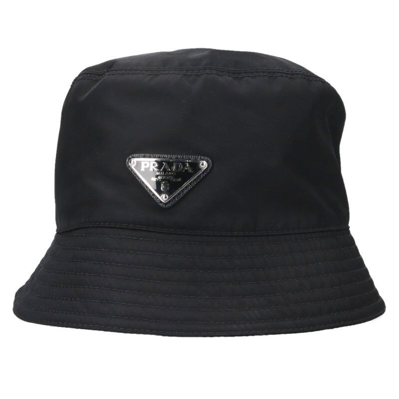 プラダ PRADA 大きさ:S  1HC137 ３角形プレートコットンバケットハット(黒いこと)【523062】【BS99】【小物】【中古】bb310#rinkan*B