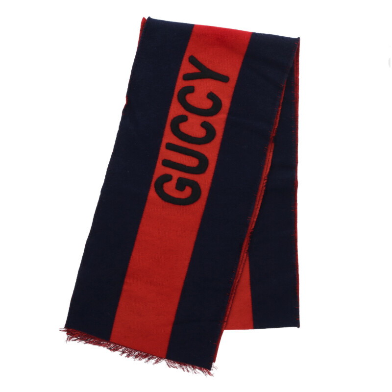 グッチ GUCCI　 497537 ロゴ刺繍レーヨンストール(レッド×ネイビー)【133062】【BS99】【小物】【中古】bb359#rinkan*A