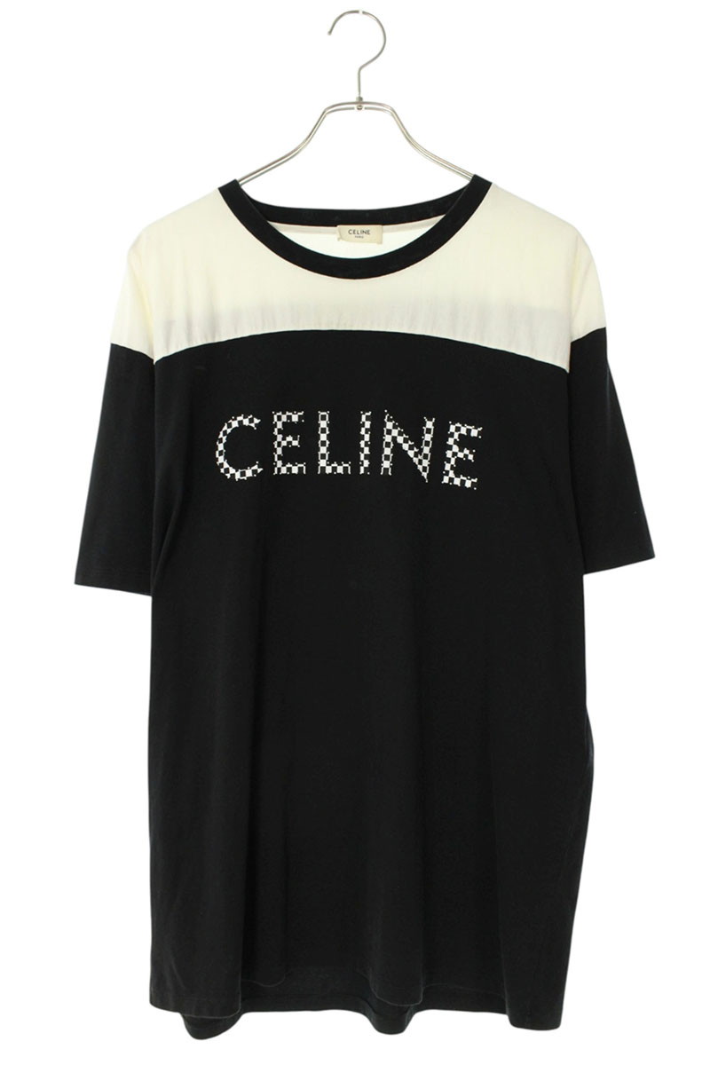 セリーヌ CELINE サイズ:L  2X839500O チェックプリントスタッズ付きバイカラールーズTシャツ(ブラック×ホワイト)【413062】【OM10】【メンズ】【中古】bb466#rinkan*B