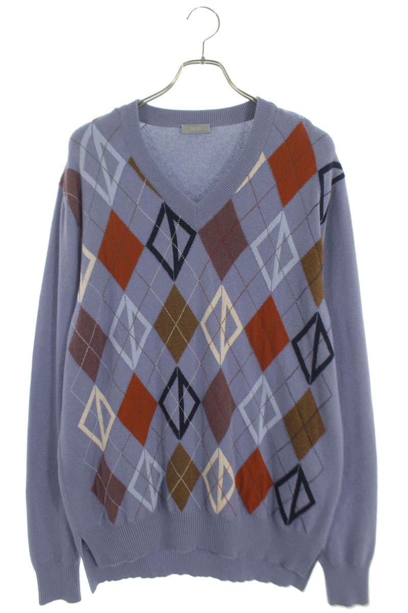 ディオール DIOR　サイズ:M 24SS 413M645AT737 CDダイアモンドアーガイルカシミアニット(ライトブルー&times;)【113062】【BS55】【メンズ】【中古】bb62#rinkan*A｜RINKAN