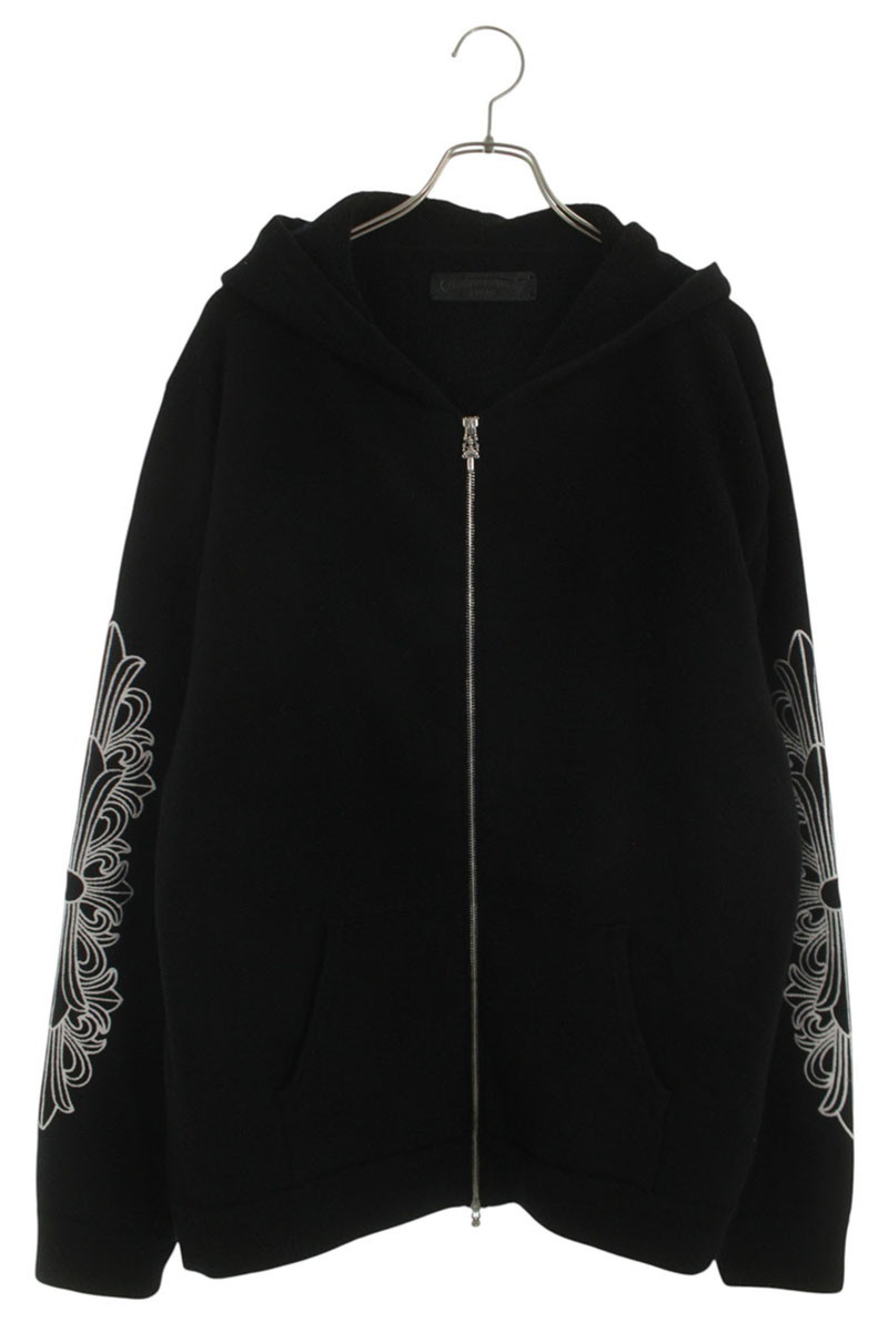 クロムハーツ Chrome Hearts　 サイズ:XL U LIFE SENTENCE 袖フローラル刺繍カシミアジップアップパーカー(ブラック×シルバー)【113062】【GZ11】【メンズ】【中古】bb411#rinkan*A