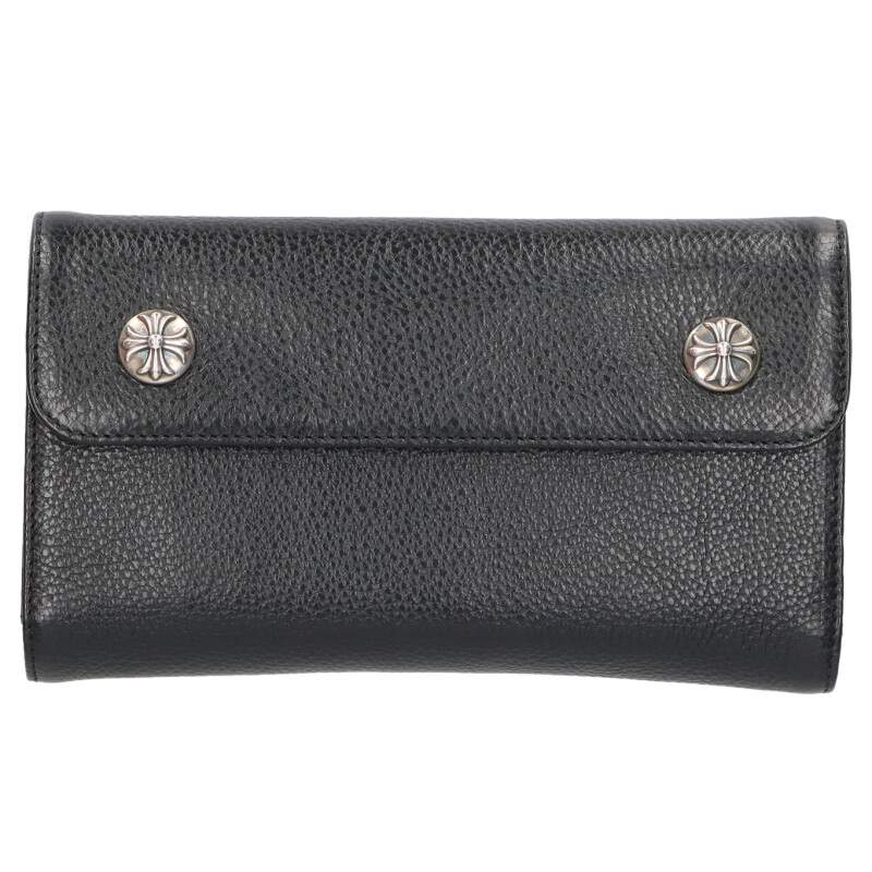 クロムハーツ Chrome Hearts WAVE CROSS BALL ウェーブ クロスボールボタンレザーウォレット財布(ブラック×シルバー)【105062】【HJ12】【小物】【中古】bb134#rinkan*S |RINKAN