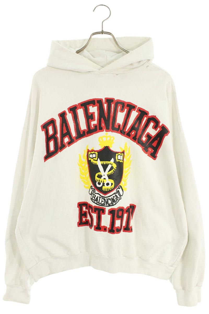 バレンシアガ BALENCIAGA　サイズ:S 23AW DIY COLLEGE HOODIE 744463 TOVK2 カレッジロゴダメージ加工パーカー(ホワイト&times;レッド)【213062】【OM10】【メンズ】【中古】bb295#rinkan*B｜RINKAN