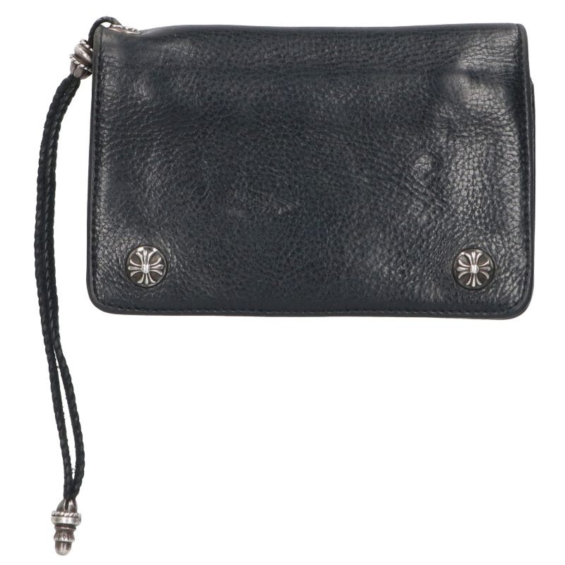 クロムハーツ Chrome Hearts　 2ZIP STRAP 2ジップストラップ ストラップ付クロスボールボタンレザー財布(ブラック×シルバー)【513062】【FK04】【小物】【中古】bb223#rinkan*B