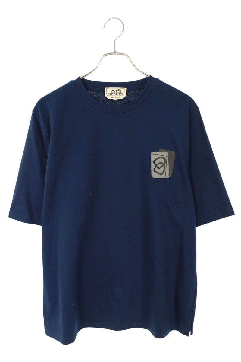エルメス HERMES　 サイズ:M レザーパッチ付きTシャツ(ネイビー)【513062】【BS99】【メンズ】【中古】bb420#rinkan*B
