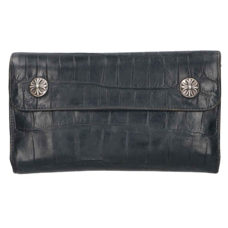 クロムハーツ Chrome Hearts   WAVE ALLIGATOR ウェーブアリゲーター クロスボタンアリゲーターレザーウォレット札入れ(黒いこと×しろがね色)【413062】【SJ02】【小物】【中古】bb473#rinkan*B