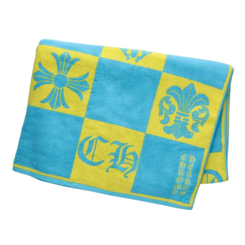 クロムハーツ Chrome Hearts   BEACH TOWEL 読み合わせる柄ロゴタイプパイル地砂浜西洋手ぬぐい(黄色×青碧)【713062】【SS07】【小物】【中古】bb376#rinkan*A