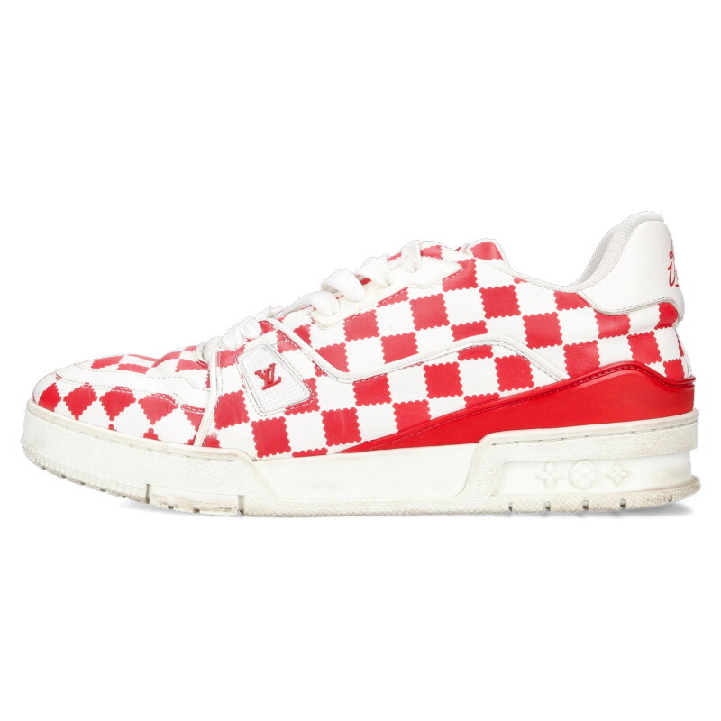 ルイヴィトン LOUISVUITTON ×NIGO 大きさ:7.5  LV・調教師 ダミエチェックレザースニーカー(白いこと×赤いこと)【613062】【SB01】【メンズ】【小物】【中古】bb356#rinkan*B
