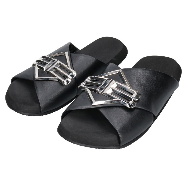 バレンシアガ BALENCIAGA 大きさ:42  828478 SUNSET FLAT BB BBロゴタイプ なめし革サンダル(黒いこと×しろがね色)【613062】【SS13】【メンズ】【小物】【中古】bb87#rinkan*S