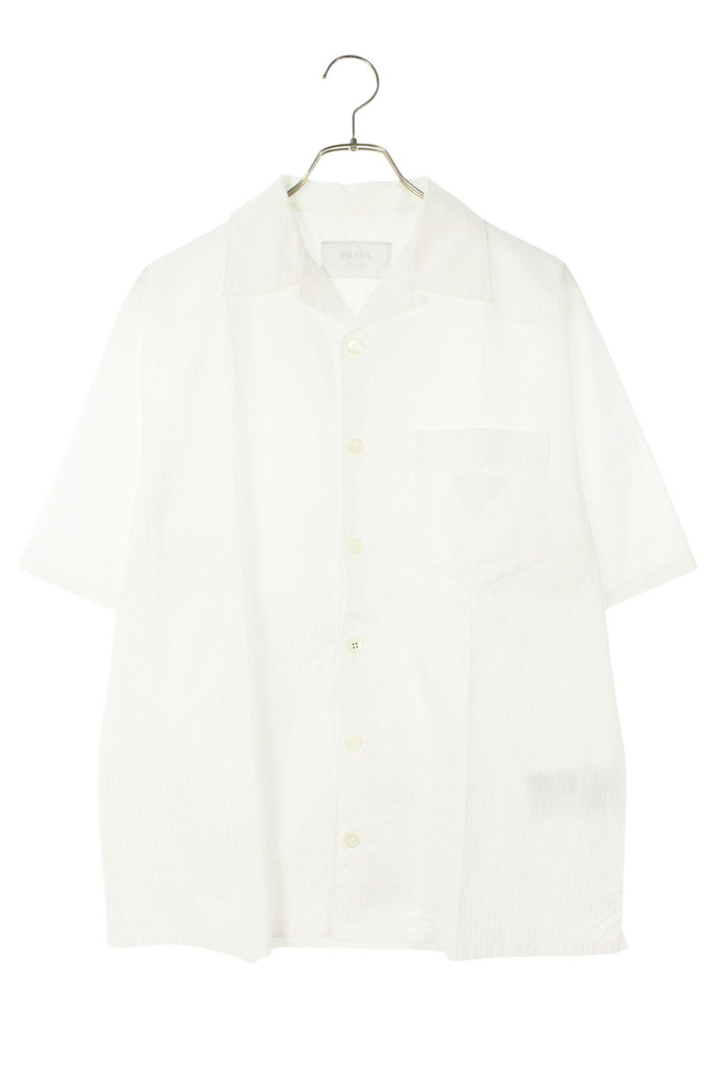 プラダ PRADA　 サイズ:S UCS414 ストライプ三角パッチ半袖シャツ(ホワイト)【023062】【OM10】【メンズ】【中古】bb426#rinkan*A