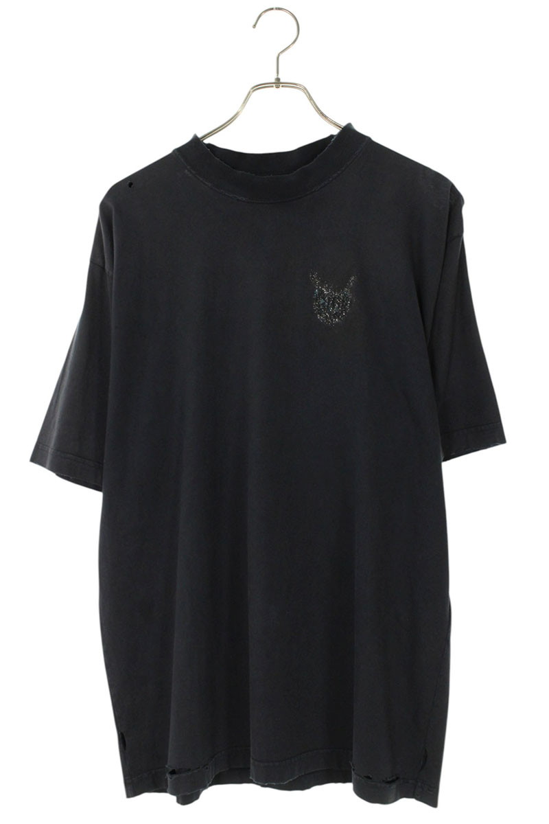 バレンシアガ BALENCIAGA　 サイズ:XS 764235 TSVD5 ストーン装飾ダメージ加工ロゴ刺繍Tシャツ(ブラック)【023062】【OM10】【メンズ】【中古】bb205#rinkan*C