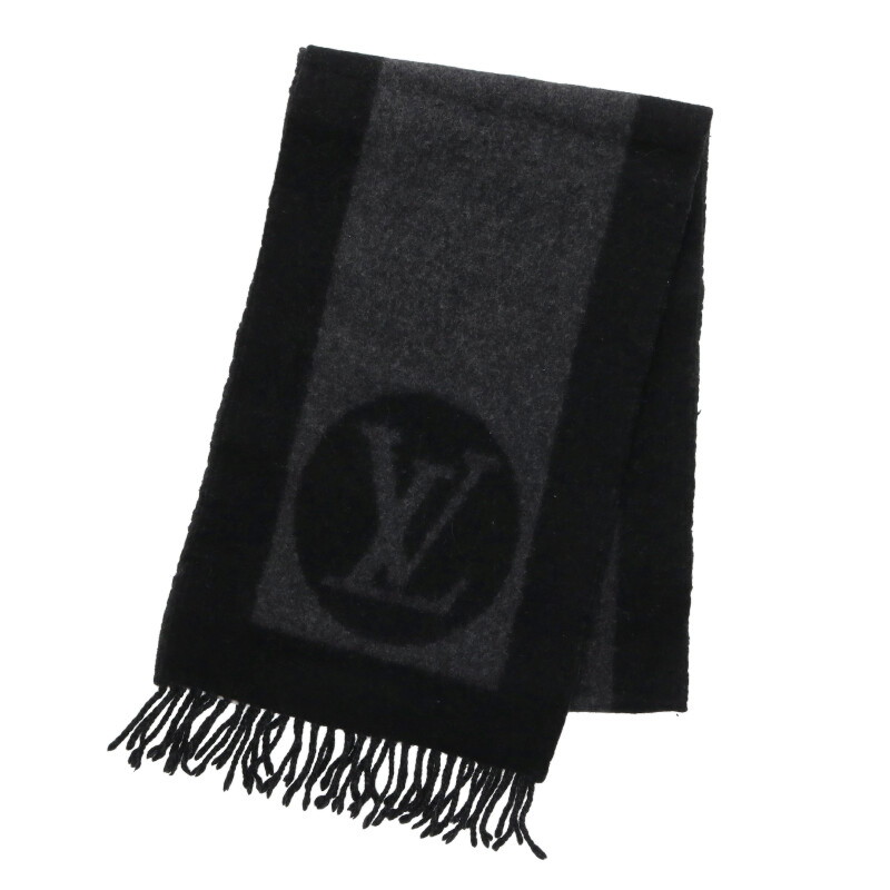 ルイヴィトン LOUISVUITTON　 M72202 エシャルプ カーディフ モノグラムロゴマフラー(ブラック×グレー)【404062】【BS99】【小物】【中古】bb295#rinkan*B