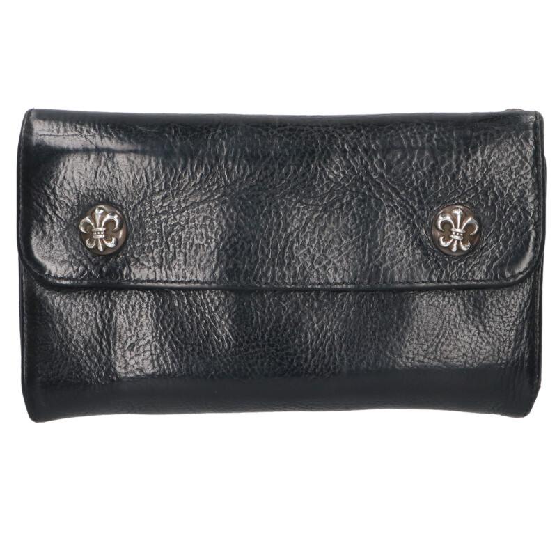 クロムハーツ Chrome Hearts   WAVE BS FLUER 縮くれる BSフレアボタンレザーウォレット金入れ(黒いこと)【023062】【NO05】【小物】【中古】bb33#rinkan*B