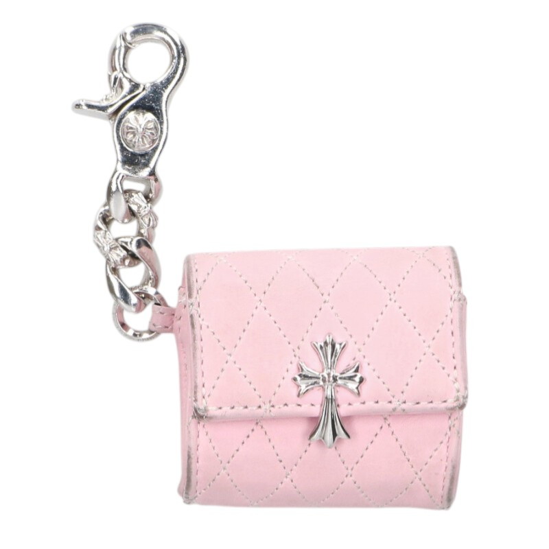 クロムハーツ Chrome Hearts　 WALLET MICRO DINNER PURSE クロス装飾AirPodsレザーケースキーチェーン(ピンク×シルバー)【913062】【OK15】【小物】【中古】bb412#rinkan*B