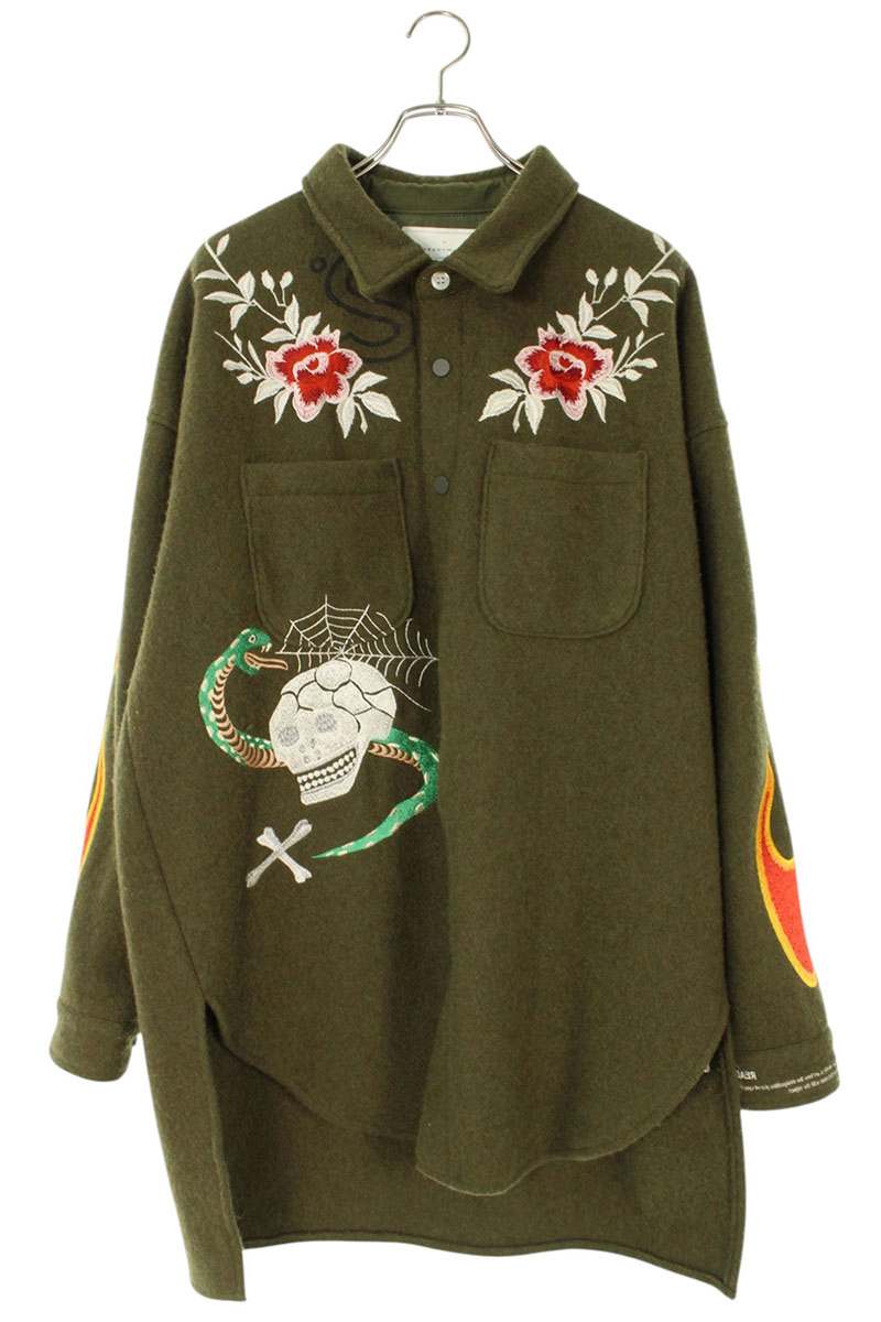 レディメイド READYMADE　 サイズ:1 OVERSIZE SHIRT 刺繍デザインオーバーサイズ長袖シャツ(カーキ)【523062】【BS99】【メンズ】【中古】bb187#rinkan*B
