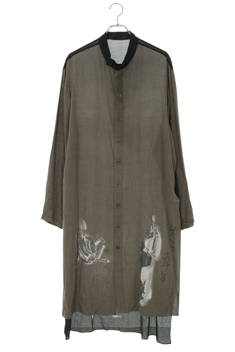 ヨウジヤマモトプールオム YOHJI YAMAMOTO POUR HOMME サイズ:3 25SS HP-B92-840 メッセージプリントロングブラウス長袖シャツ(グレー×ブラック)【523062】【BS99】【メンズ】【中古】bb30#rinkan*C|RINKAN