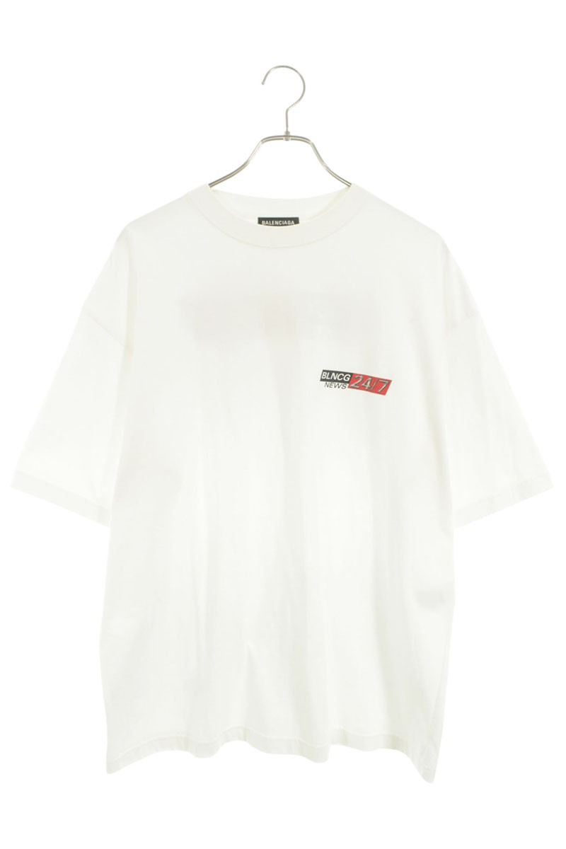 バレンシアガ BALENCIAGA　サイズ:L 612966 TIVD1 NEWSロゴプリントTシャツ(ホワイト)【623062】【OM10】【メンズ】【中古】bb356#rinkan*B｜RINKAN