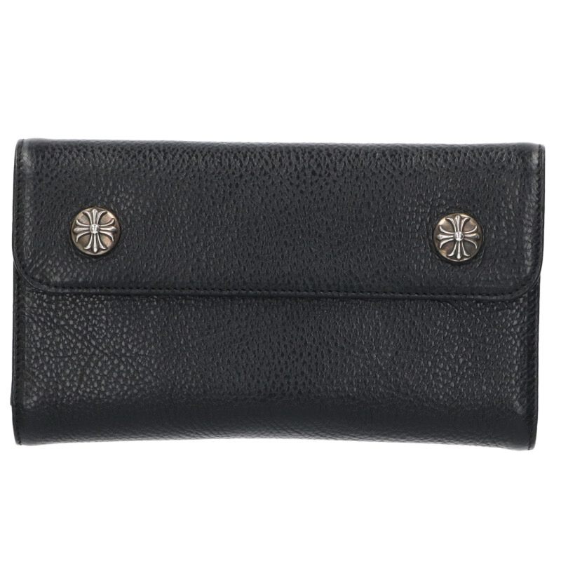 クロムハーツ Chrome Hearts WAVE CROSS BALL ウェーブ クロスボールボタンレザーウォレット財布(ブラック)【423062】【SJ02】【小物】【中古】bb82#rinkan*S |RINKAN
