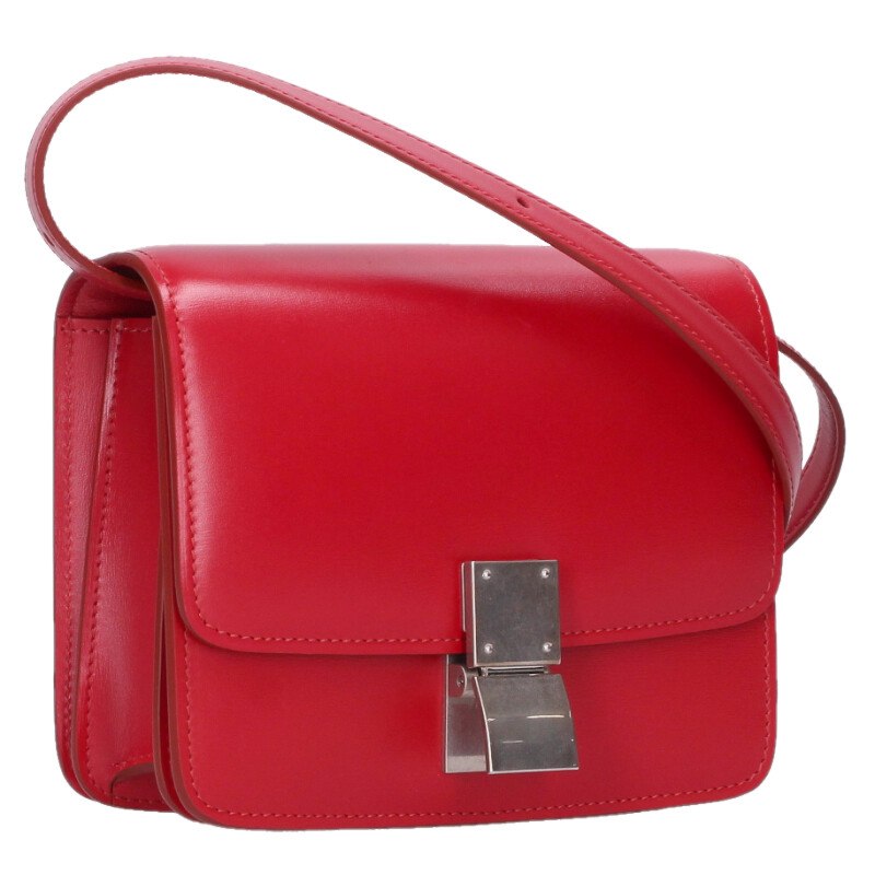 セリーヌ CELINE　 クラシックボックス スモール ボックスカーフショルダーバッグ(レッド×シルバー)【804062】【BS99】【小物】【中古】bb334#rinkan*A