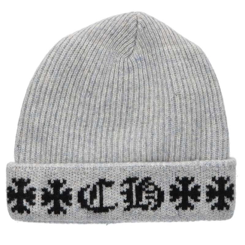 クロムハーツ Chrome Hearts　 サイズ:ONE SIZE BIG DADDY ビッグダディ クロスボタンCHプラス刺繍カシミヤニット帽子(グレー×シルバー)【423062】【SJ02】【小物】【中古】bb396#rinkan*S