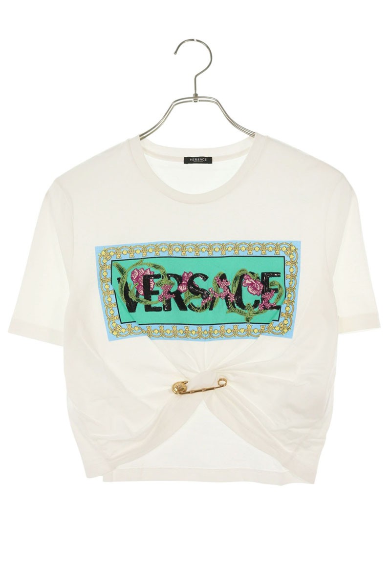 ヴェルサーチェ Versace　 サイズ:36 1004162 セーフティピン装飾スパンコールロゴプリントTシャツ(ホワイト×ゴールド)【723062】【BS99】【レディース】【中古】bb411#rinkan*B