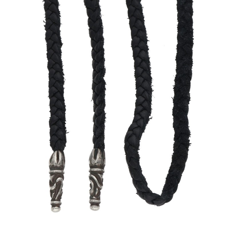 クロムハーツ Chrome Hearts　 LEATHER BRAID スクロールレザーブレード シルバーネックレス(ブラック×シルバー 総重量11.58g)【133062】【NO05】【小物】【中古】bb390#rinkan*B