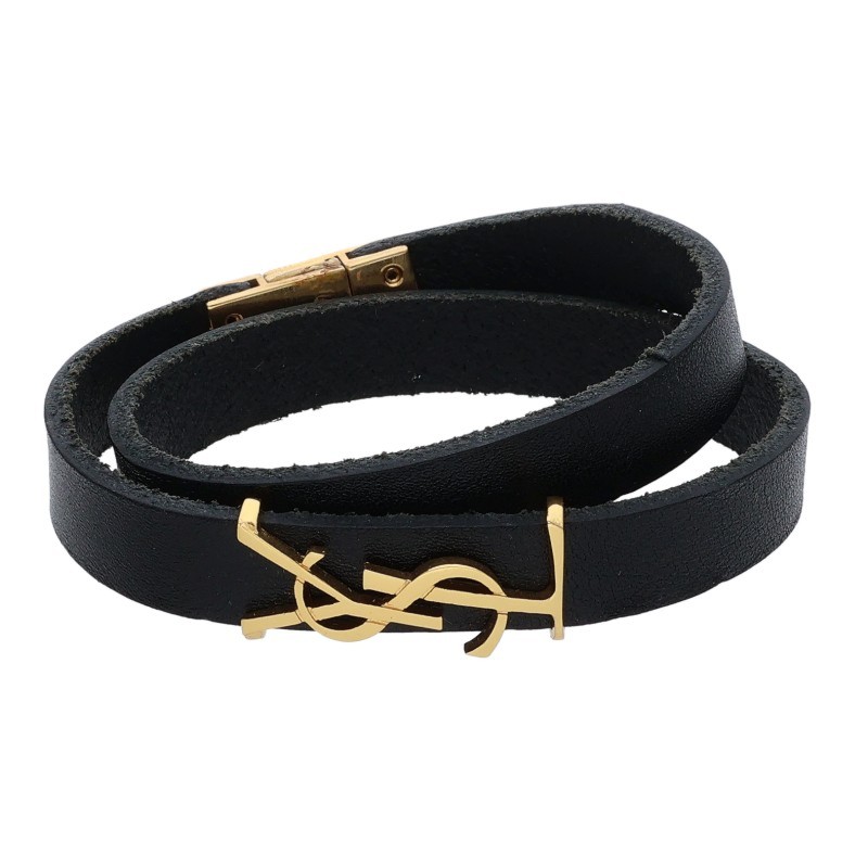 サンローランパリ SAINT LAURENT PARIS  YSLロゴレザーブレスレット(黒いこと×ゴールド 総掛け目16.89g)【214062】【BS99】【小物】【中古】bb356#rinkan*B