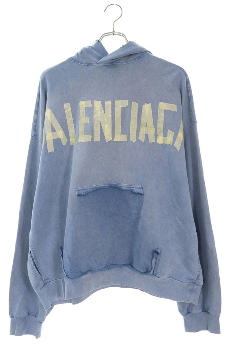 バレンシアガ BALENCIAGA　 サイズ:XS 744441 TOVB1 テープタイプクラッシュ加工プルオーバーパーカー(ライトブルー×イエロー)【823062】【OM10】【メンズ】【中古】bb205#rinkan*B