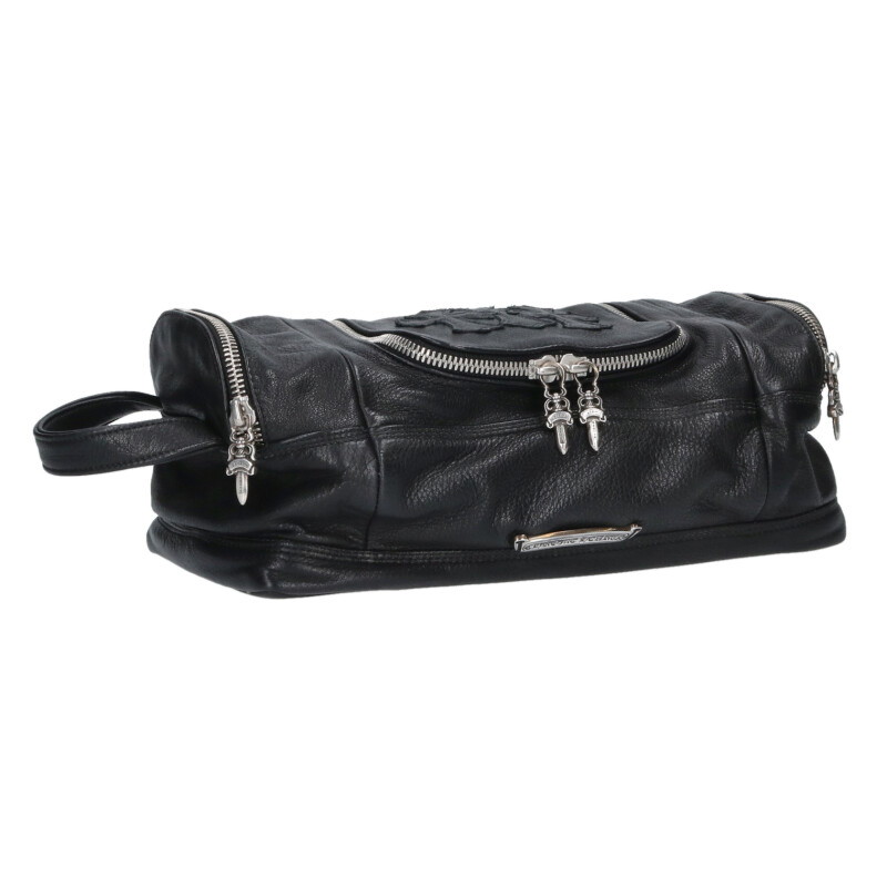 クロムハーツ Chrome Hearts   DUFFLE セメタリークロスパッチダガージップレザーハンドバッグ(黒いこと×しろがね色)【104062】【聞き入れる15】【小物】【中古】bb450#rinkan*B