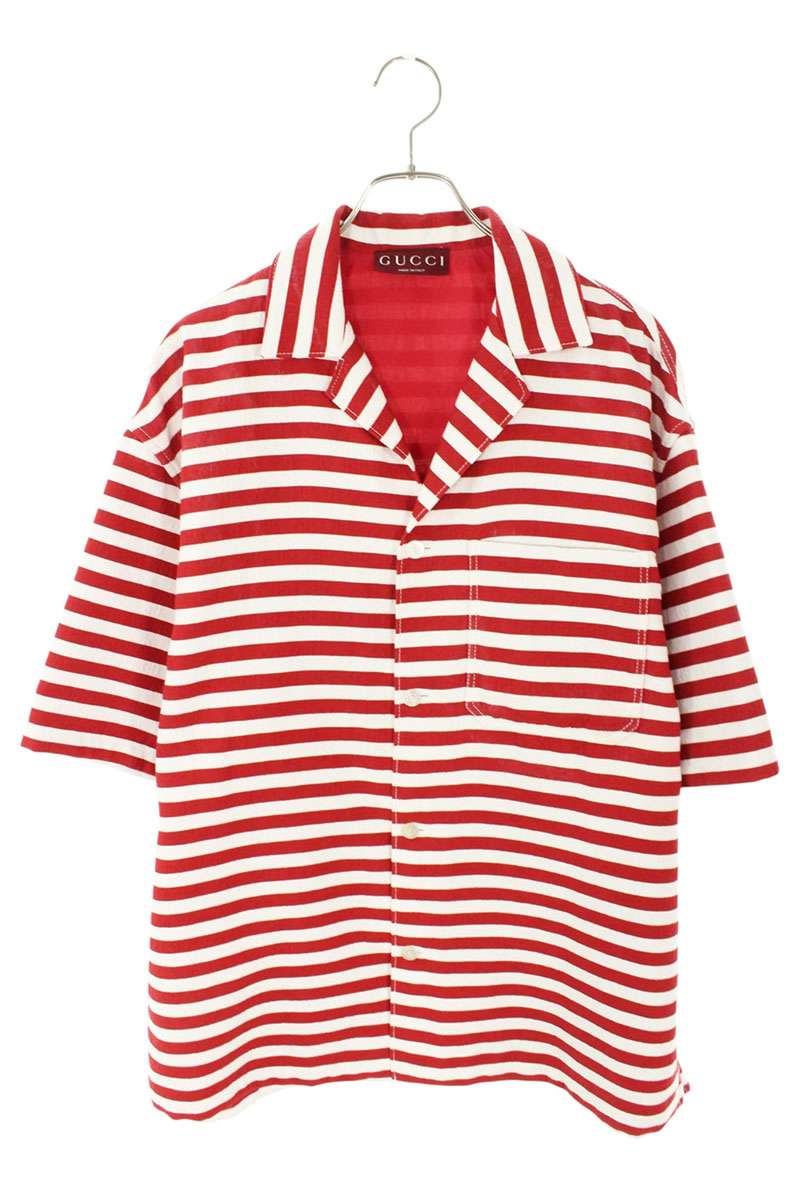 グッチ GUCCI　 サイズ:44 833312 Z7AQM GGジャガードボーダー半袖シャツ(ホワイト×レッド)【704062】【OM10】【メンズ】【中古】bb51#rinkan*D