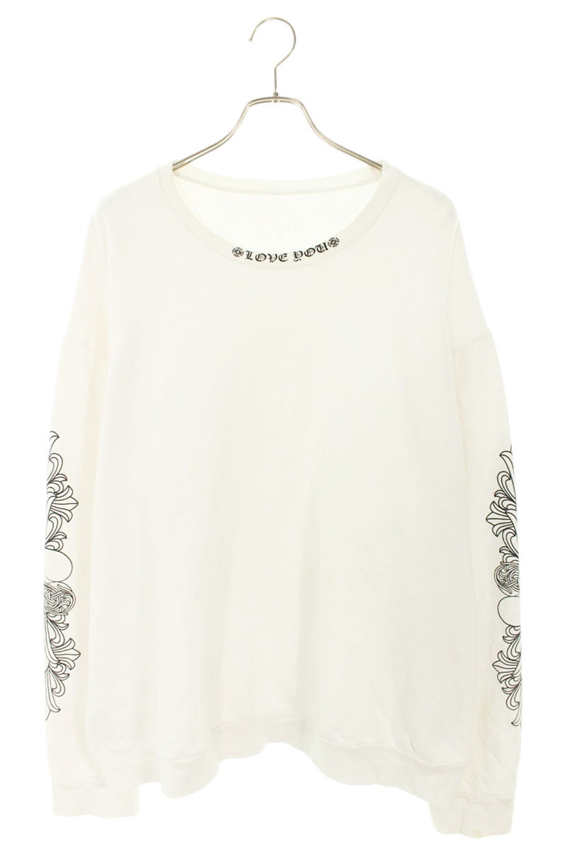 クロムハーツ Chrome Hearts　 サイズ:XXL LOVE YOU CREW SWTSHRT 袖フローラルクロスハートプリントスウェット(ホワイト×ブラック)【133062】【GZ11】【メンズ】【中古】bb379#rinkan*C