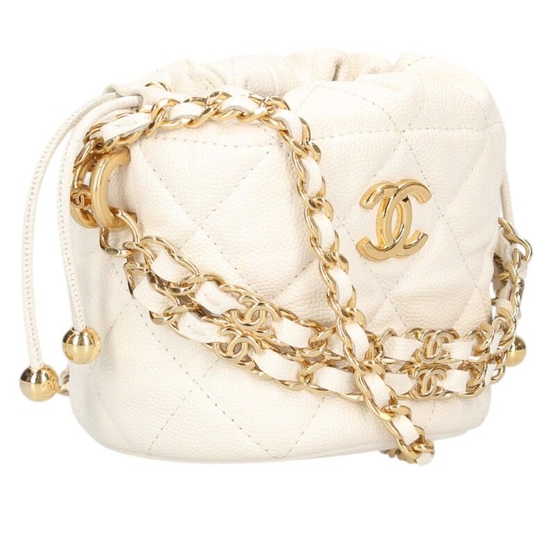 シャネル CHANEL   マトラッセ キャビアスキンチェーン合切袋ショルダーバッグ(白いこと×ゴールド)【614062】【BS99】【小物】【中古】bb459#rinkan*B