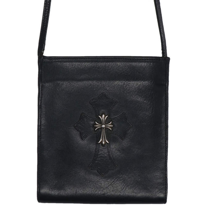 クロムハーツ Chrome Hearts　 SQ PKT CH CROSS スクエアポケット CHクロス装飾クロスパッチ付きレザーショルダーバッグ(ブラック×シルバー)【304062】【OS06】【小物】【中古】bb453#rinkan*B