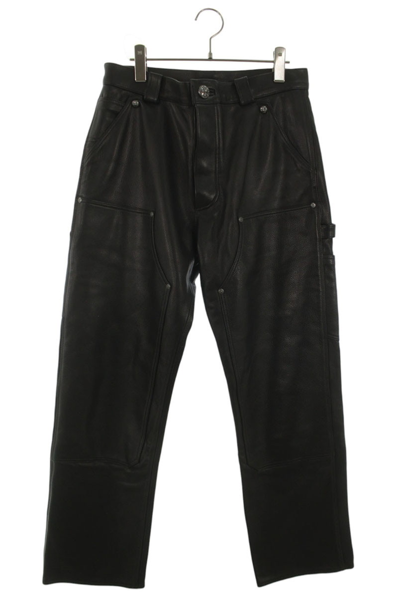 クロムハーツ Chrome Hearts　 サイズ:31インチ CARPENTER DOUBLE KNEE カーペンターダブルニーレザーロングパンツ(ブラック×シルバー)【404062】【OK15】【メンズ】【中古】bb379#rinkan*B