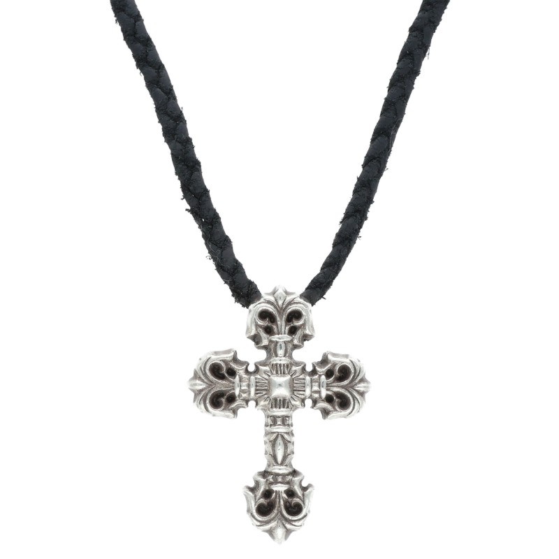 クロムハーツ Chrome Hearts FILIG CROSS-XSM LB フィリグリークロスXS wレザーブレイド シルバーネックレス(シルバー×ブラック 総重量33.3g)【404062】【SJ02】【小物】【中古】bb76#rinkan*B |RINKAN