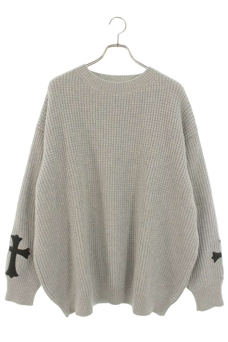 クロムハーツ Chrome Hearts 大きさ:L  HIT\u0026RUN CREW 袖クロスパッチカシミアニット(薄墨色×黒いこと×しろがね色)【404062】【GZ11】【メンズ】【中古】bb437#rinkan*B