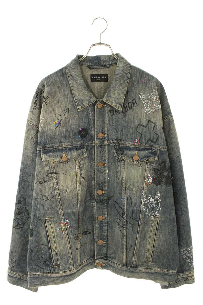 バレンシアガ BALENCIAGA　 サイズ:2 721708 TOW66 ダメージ加工グラフィティストーン装飾デニムジャケット(インディゴ)【604062】【SB01】【メンズ】【レディース】【中古】bb380#rinkan*B