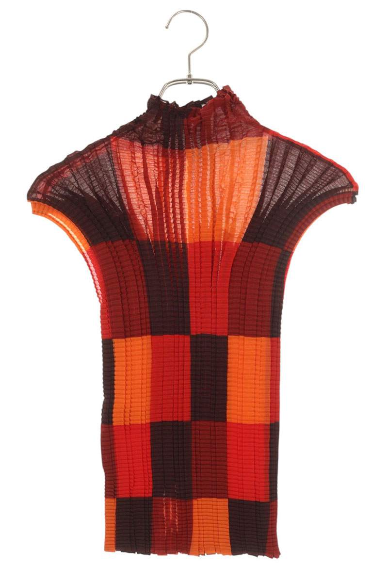 イッセイミヤケ ISSEY MIYAKE　 サイズ:M IM71-FJ940 ハイネックプリーツノースリーブカットソー(レッド×ブラウン)【804062】【BS99】【レディース】【中古】bb297#rinkan*B