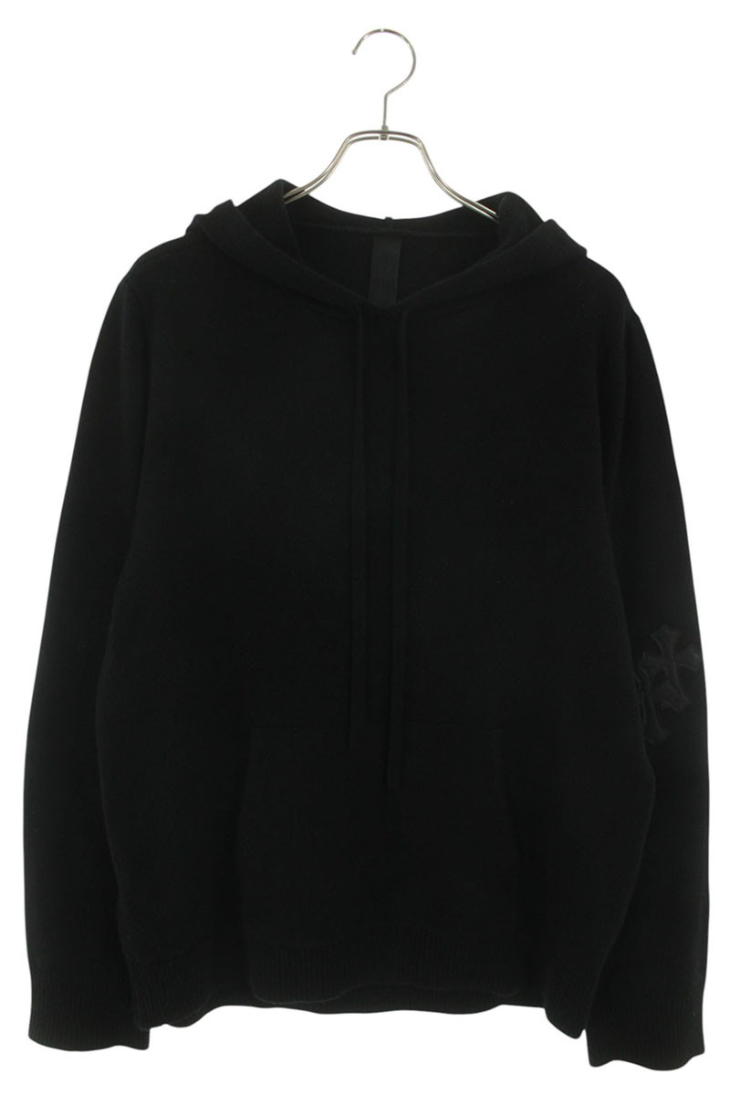 クロムハーツ Chrome Hearts 大きさ:M  Y NOT Leather Cross Patch Cashmere Knit Pullover Hoodie はりつけ台継ぎ切れ付き添い人カシミヤニットパーカー(黒いこと×しろがね色)【804062】【NO05】【メンズ】【中古】bb390#rinkan*B