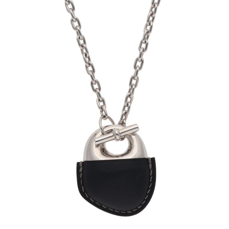 エルメス HERMES　 ガレ・ゲネ W刻印 レザーコンビシルバーチェーンネックレス(ブラック×シルバー 総重量67g)【514062】【OM10】【小物】【中古】bb470#rinkan*S
