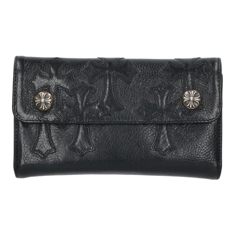 クロムハーツ Chrome Hearts　 WAVE CROSS PATCH ウェーブ クロスパッチ付クロスボタンレザーウォレット財布(ブラック×シルバー)【804062】【SJ02】【小物】【中古】bb132#rinkan*B