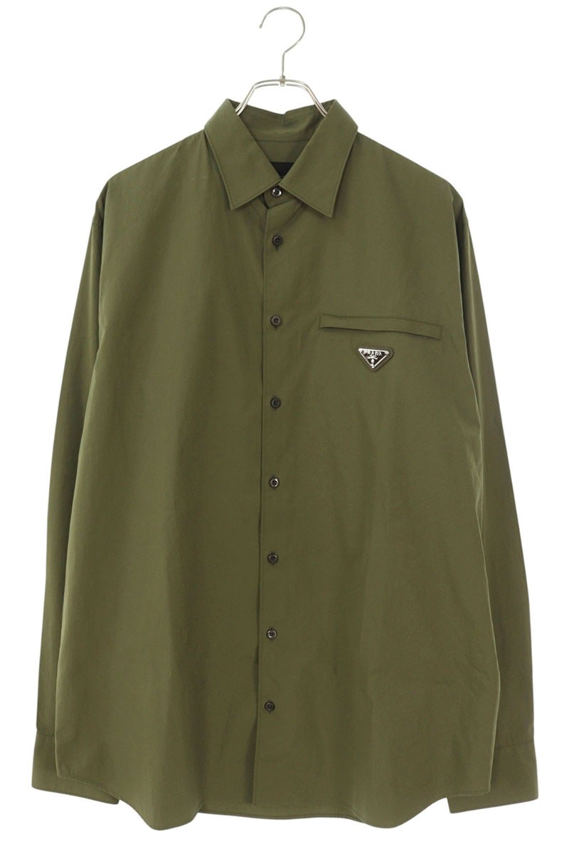 プラダ PRADA　 サイズ:M UCN549 三角ロゴプレートコットン長袖シャツ(グリーン)【014062】【OM10】【メンズ】【中古】bb205#rinkan*A