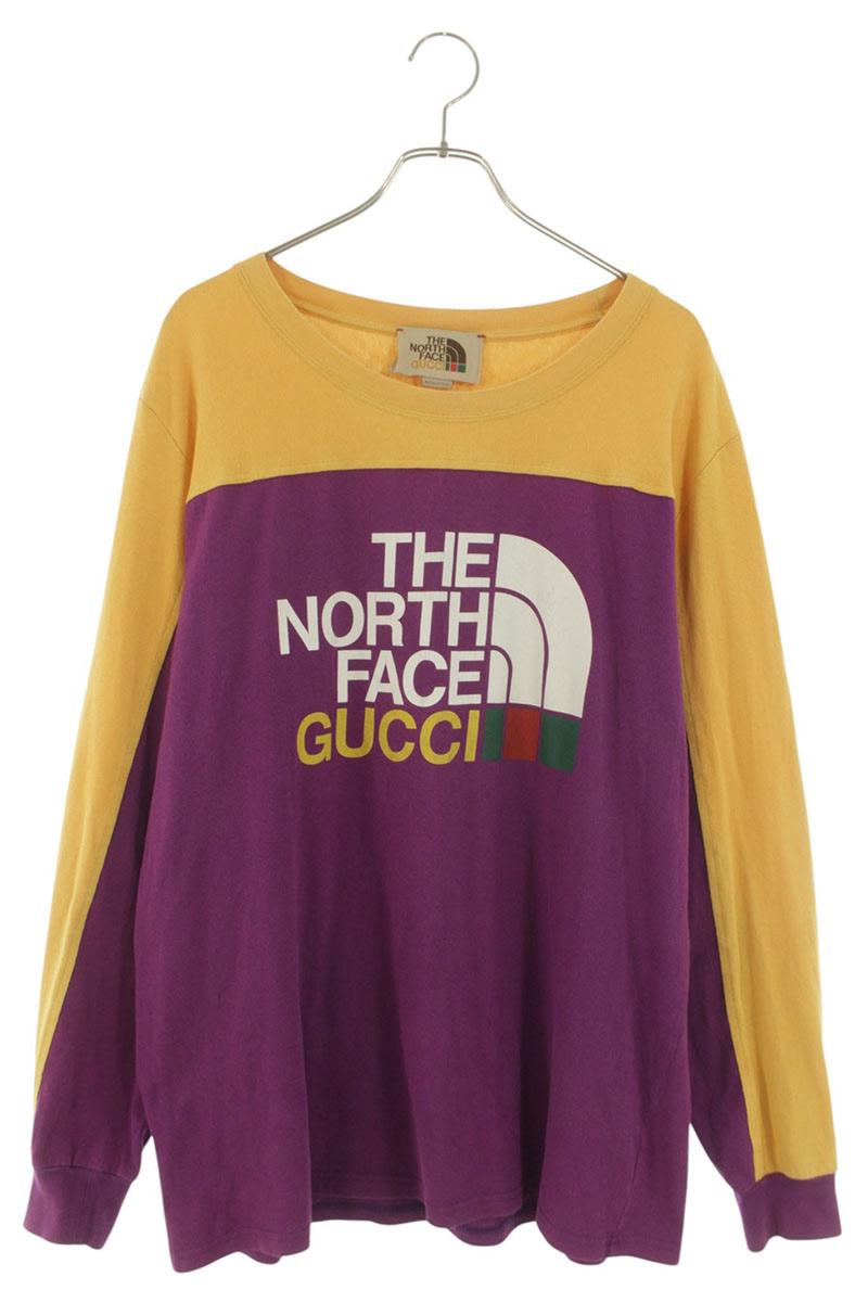グッチ GUCCI ×ノースフェイス THE NORTH FACE サイズ:L 671439 XJDRA ロゴプリント バイカラー長袖カットソー(オレンジ×パープル)【014062】【BS99】【メンズ】【中古】bb87#rinkan*C|RINKAN