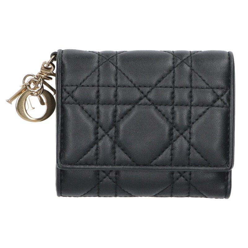 ディオール Christian Dior   レディディオール 三つ折りロータスウォレット紙入れ(黒いこと×ゴールド)【105062】【BS99】【小物】【中古】bb51#rinkan*B