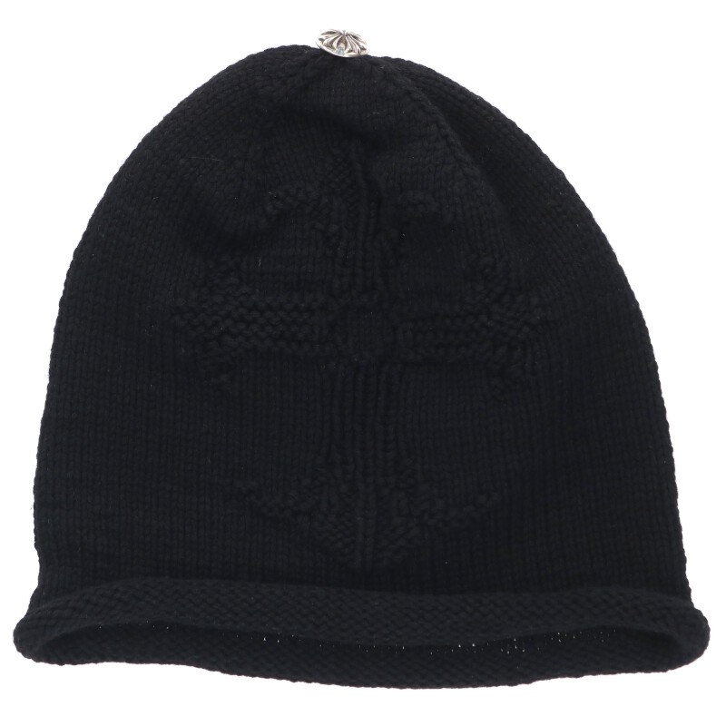 クロムハーツ Chrome Hearts　 サイズ:ONE SIZE BEANIE CASH クロスボール付きCHクロス刺繍カシミアビーニーキャップ帽子(ブラック×シルバー)【014062】【GZ11】【小物】【中古】bb428#rinkan*A
