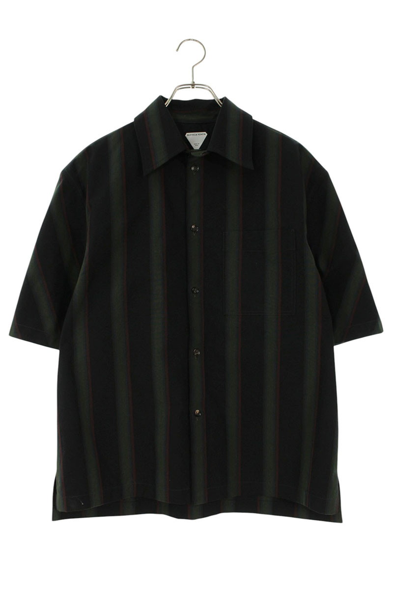 ボッテガヴェネタ BOTTEGA VENETA　 サイズ:46 796290 V4CR0 ストライプ半袖シャツ(グリーン×ブラック)【214062】【BS99】【メンズ】【中古】bb344#rinkan*B